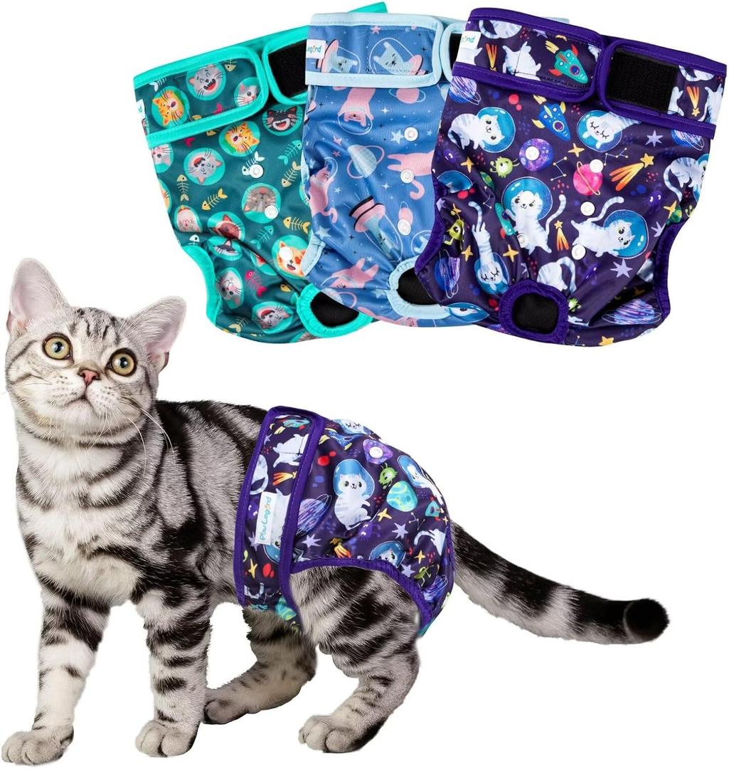 Paw Legend Cat Diapers for Female Cats Spraying Washable Reusable Kitten Diapers for Cats Incontinence Pet Diapers (3 Pack, Small) (Space Cat Pattern)