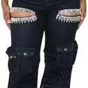 Unybwonn Women Rhinestone Cargo Jeans High Waisted Baggy Sexy Sparkly Cut Out Ripped Distressed Stretchy Denim Pants2XL