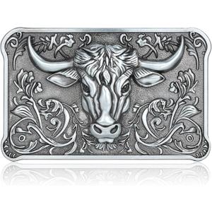 Belt Buckle for Men Vintage Western Longhorn Belt Buckles Cowboy Rodeo Buckle for Men Women Silver