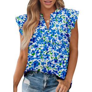 Zenlonr Womens Dressy Casual Floral Tops V Neck Ruffle Sleeve Blouses (XL)