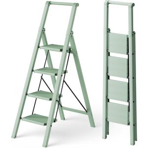 HillhutApex 4 Step Foldable Aluminum Step Ladder with Handgrip, Anti-Slip Pedal, 330 lbs Capacity, Lightweight & Portable for Home, Kitchen, Office, Garage (Pale Green)