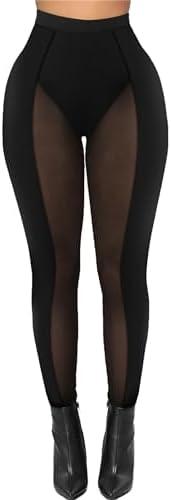 Atyfuniby Womens Leggings High Waisted - Sexy Skinny Mesh See Through Pants Party Clubwear S