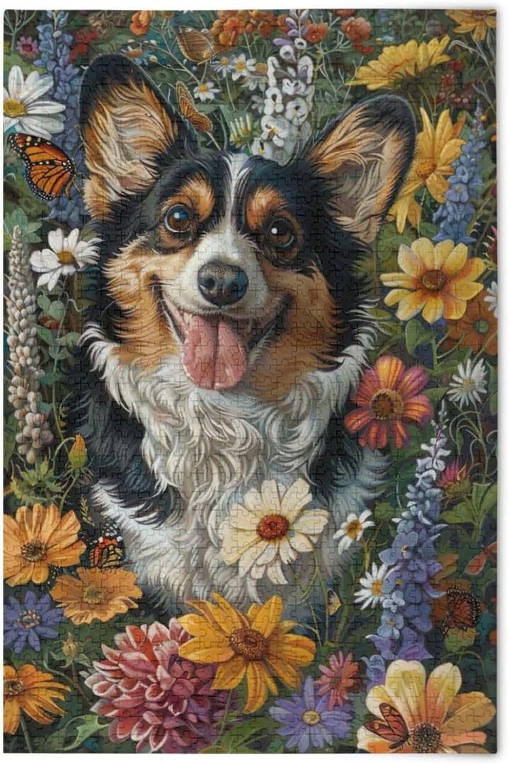 Puzzles for Adults 1000 Piece Black White Brown Fur Corgi Dog Flower Jigsaw Puzzles Adults Gift Home Decor 202b3580