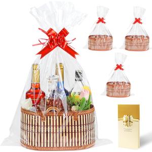 3 Set Baskets for Gifts Empty, Large Woven Bamboo Gift Basket Kit with Handles, Sturdy Empty Gift Baskets to Fill for Christmas, Birthday Party Wrapping Gift -3 Cellophane Wrap Bags,3 Gift Cards