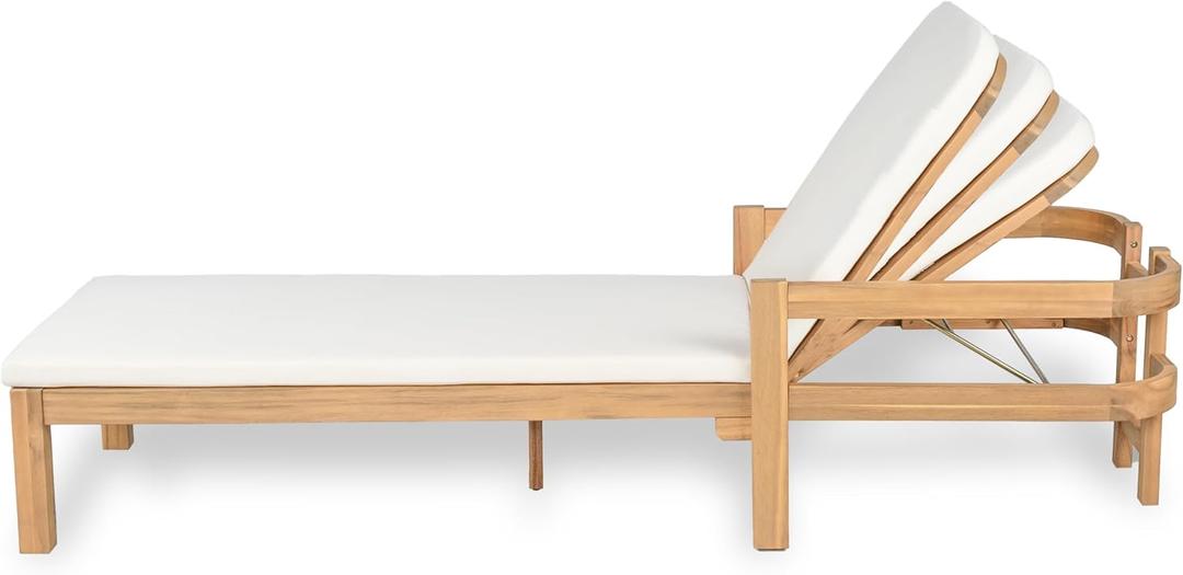 Christopher Knight Home Kayas Acacia Wood Chaise Lounge with Adjustable Backrest, 77.5" Outdoor Sun Lounger with Cushion, Patio Lounger Recliner Chair for Poolside Lawn, Light Teak+Cream, 