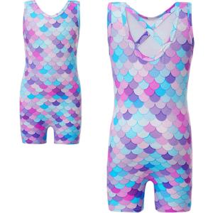 Haloumoning Girls Gymnastics Leotards with Shorts Kids One-Piece Sparkly Mermaid Dance Biketards Unitard 4-12Y