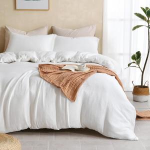 LEEQHRRY  Muslin Duvet Cover King Size, 100% Washed Cotton Duvet Cover Set, Ultra Soft Comforter Cover Linen Like, 3 Pieces Minimalist Gauze Duvet Cover with 2 Pillowcases, 90"x104", White