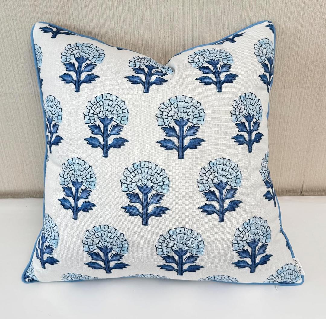 Blue Block Print Marigold 22x22 Throw Pillow Cover - Off-White Cushion Cover for Sofa Couch Living Room - Coastal Grandmillennial Farmhouse Decor - Babur Floral