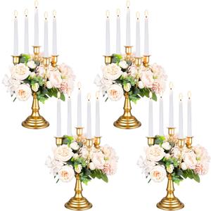 Bokon Set of 4 Candelabra Gold Candle Holders for Table Centerpiece 11.6'' Gold 5 Arms Candelabra Metal Candle Stick Stands Tall Wedding Candlestick Holder for Mantel Festivals Dinner Room Birthday