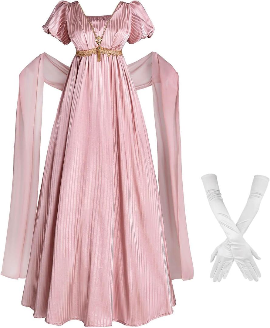 Nuoqi Regency Dresses Women 1800s Victorian Dress Empire Waist Ball Gown with Gloves (S)