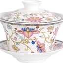 Chinese Gaiwan Tea Cup, Asian Traditional Porcelain Kungfu Handleless Tea Cup with Lid and Saucer 10Oz, China Classic Gaiwan (Vine)