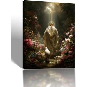 Framed Jesus and Lamb Canvas Wall Art Jesus In The Garden Religious Art Painting Christian Poster Decorative Painting Spiritual Faith Picture Gallery Style Print Home Decor 23x16Inch Ready To Hang