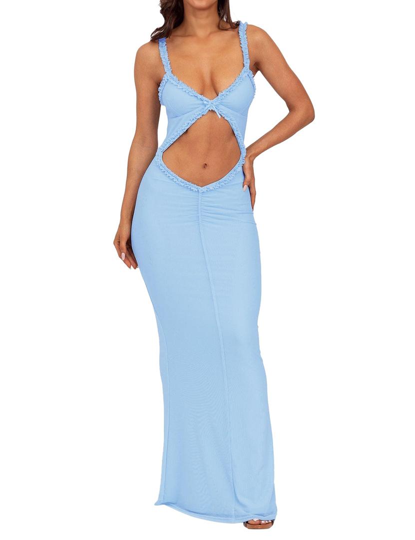 ISZPLUSH Women's Sleeveless All Mesh Dress Sexy Mini Tassel Cut Out See Through Dress High Slit Ruffle Hem Mesh Club Outfit (S)