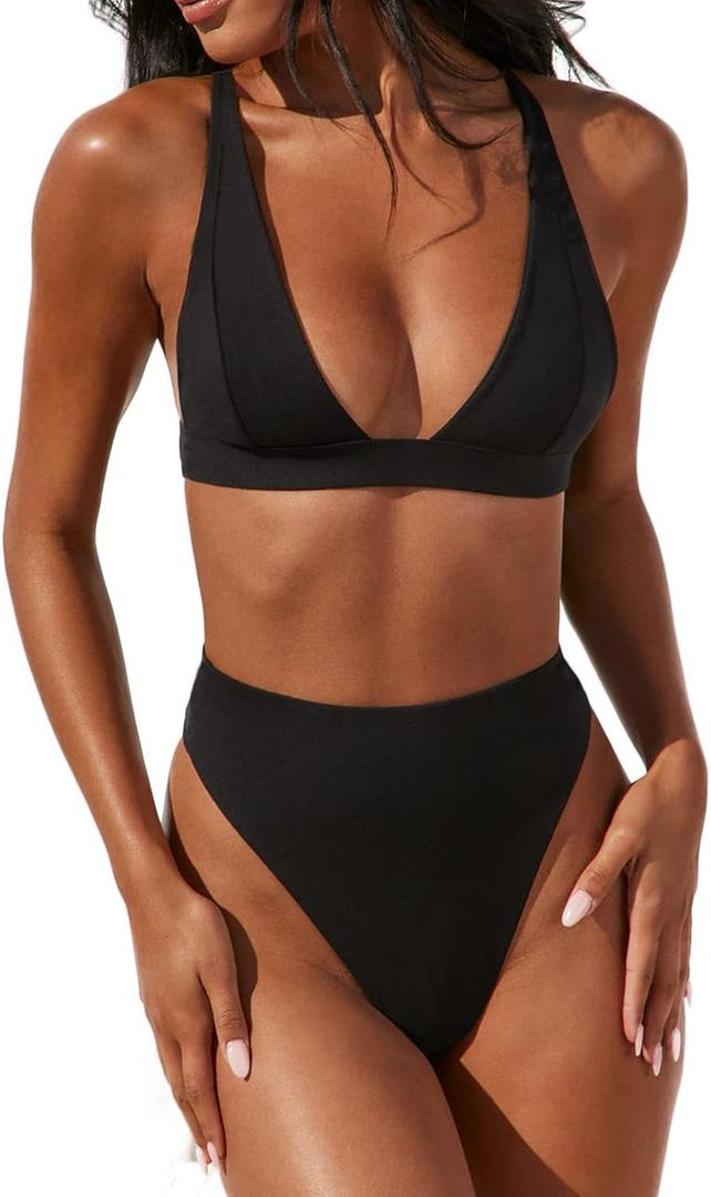 Forjunlyup Womens High Waisted Thong Bikini Sets Sexy Brazilian Triangle Top Deep V Neck Tie Back Two Piece Swimsuit Bathing Suits(Black, XL)