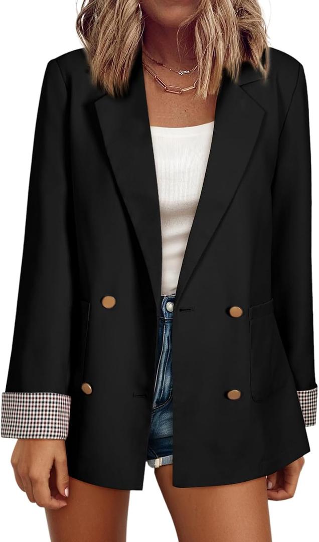 Happy Sailed Womens Blazers Plaid Cuff Double Breasted Open Front Business Casual Office Suit Jackets Work Outfits (S)