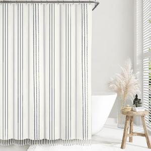 Awellife Extra Long Farmhouse Grey Shower Curtain for Bathroom Gray Striped White Cotton Touch Cloth Striped Boho 84 inch Shower Curtain for Bathroom