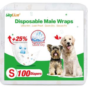 Dog Diapers Male Disposable Super Absorbent, 100 Count, Male Dog Wraps Leak Proof, Ultra Dry & Breathable, Small