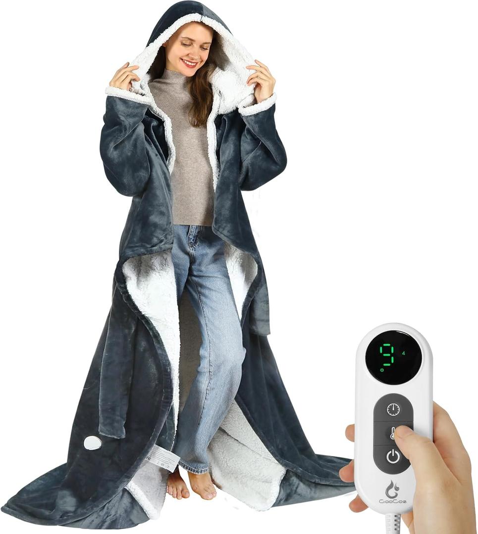 Wearable Heated Blankets, Electric Snuggle Blanket with Foot Pockets, Sleeves, Hood, Waist Belt, 50"x70" Electric Heating Throw Blanket Wearable Heated Robe