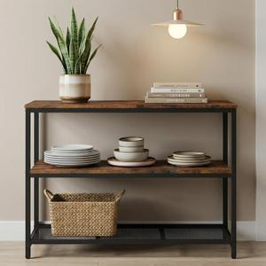 Homleke 39.4" L Kitchen Island with 3 Shelves, Kitchen Shelf with Large Workstation, Bakers Rack, Workbench, Metal Frame, Rustic Brown and Black, 39.4"L X 19.7"W X 31.5"H