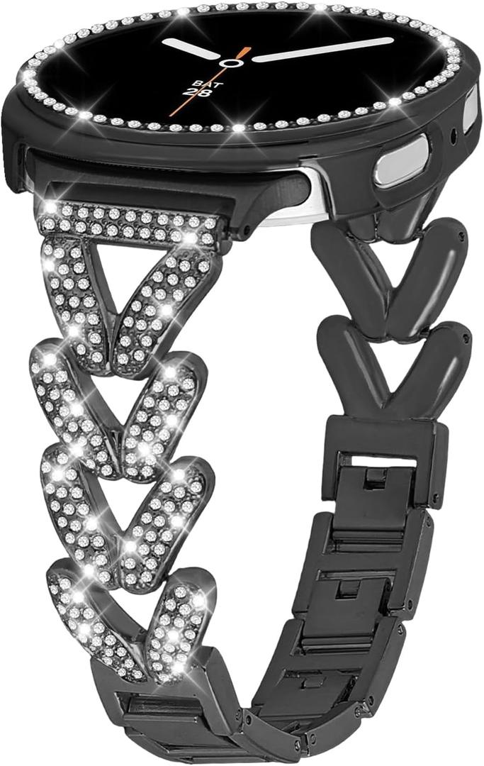 Bling Band with Case Compatible for Samsung Galaxy Watch 8 40mm 44mm, Women Diamond V-Shaped Metal Bracelet Rhinestone Strap with Protector Case(Black, 44mm)