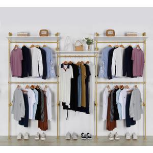 Industrial Pipe Clothing Rack Wall Mounted 5 Hanging Rods Garment Bar with Storage Shelf, Heavy Duty Metal Clothes Racks Closet System for Hanging Clothes Retail Display (Gold)