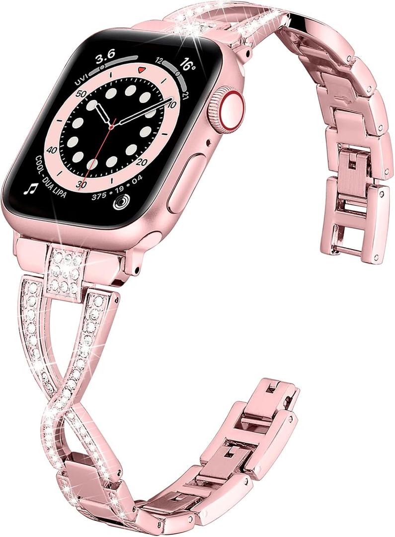 Wipalor Dressy X Band for Apple Watch, Bling Metal Bracelet iWatch Bands for Women, Designer Bands for Apple Watch Series 10 9 SE 8 7 6 5 4 3 Ultra-Rose Pink