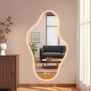 35.8 Modern Irregular LED Bathroom Mirror with Lights, Asymmetrical Frameless Smart Lighted Wall Mirror for Living Room Entryway, Large Decorative Makeup Vanity Mirror with Touch Switch
