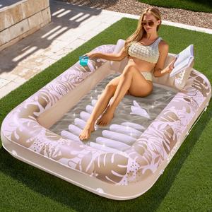 SLOOSH Inflatable Tanning Pool Lounger Float, 70" x 46" Pool Floats Adult with Pillow, 4 in 1 Suntan Tub Raft Floatie,Sunbathing Bed Lounge for Water Blow Up Kids Ball Pit Party Gifts, L-Golden White