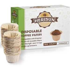 HERISUN 300 Count Disposable K Cup Filters, Coffee Filter Paper for Keurig Brewers Single Serve 1.0 and 2.0, Use with Resusable K Cup Pods (Unbleached Natural)