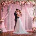 10x10ft Pink Tulle Backdrop Curtains with Lights String for Parties,Wrinkle Free Sheer Curtain Wedding Photo Backdop Drapes for Baby Shower Birthday Party Photography Home Decorations