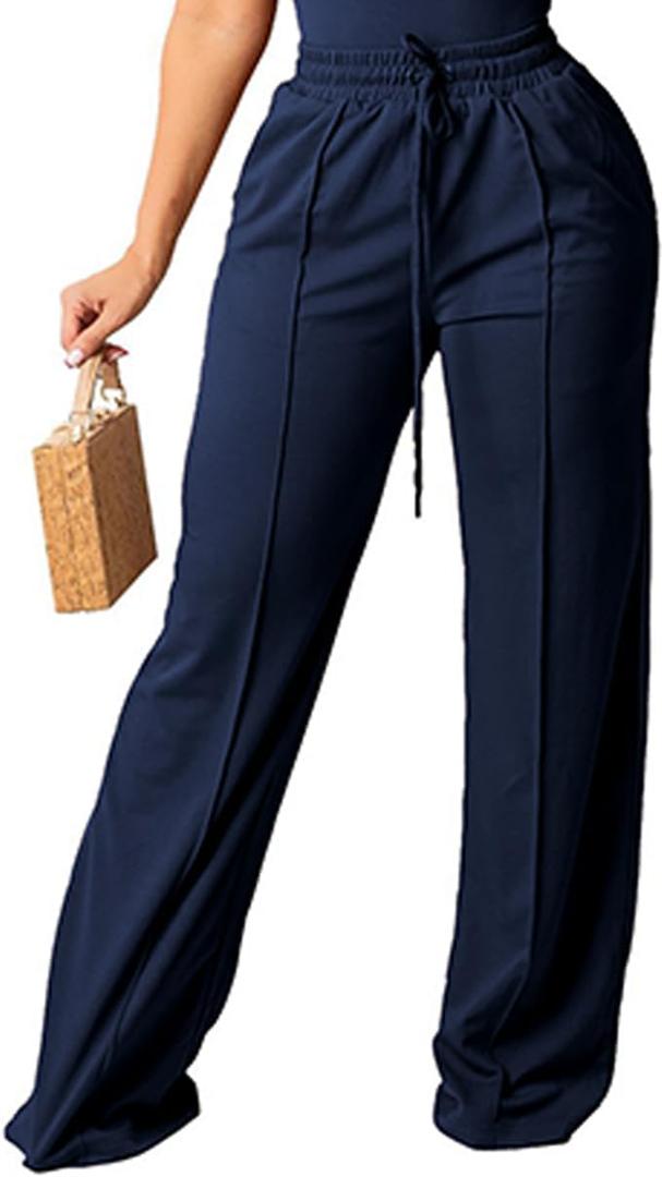 PINSV Women's Casual Wide Leg Pants High Waisted Drawstring Baggy Sweatpants Elastic Straight Leg Lounge Pants (Medium, Navy Blue)