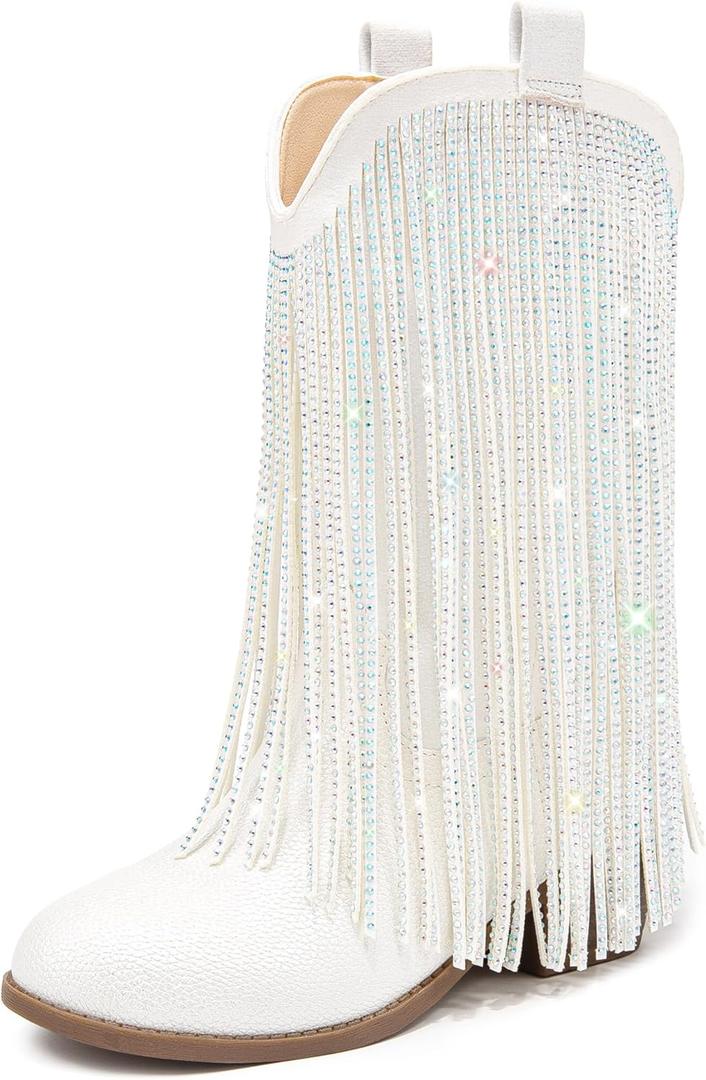 White Cowboy Boots for Girls Cowgirl Boots Fringe Rhinestone Size 11 Kids Cow Girl Western Sparkly Tassel Little Girl Mid Calf Pointed Toe Low Heel for Party Birthday Dress (L1056PUWhite 11)