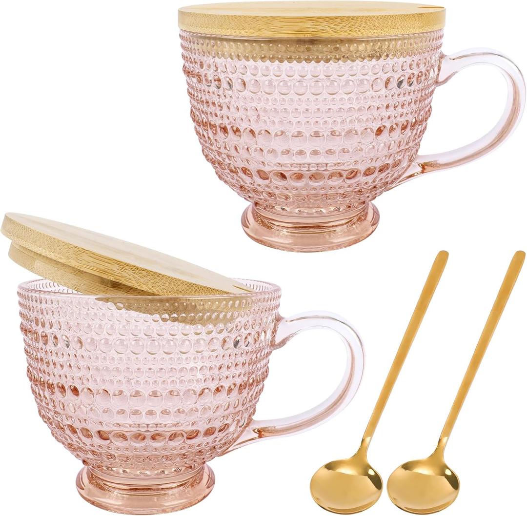 Pink Vintage Latte Mugs Set of 2, 16oz Large Pink Glass Embossed Coffee Mug Latte Tea Cup with Bamboo Lid and Spoons, Insulated Tea Cups Iced Water Ribbed Glasses Breakfast Cup Set Gift for Family