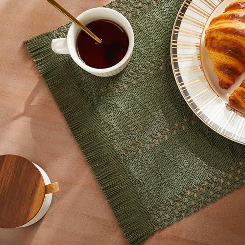 ZeeMart Macrame Style Boho Placemats Set of 4, Olive Decorative Natural Farmhouse Cotton Woven Place Mats Home Decor for Kitchen Dining Table
