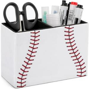 Quteprint Pen Holder, Pencil Holder for Desk Organizer, Baseball Lace Sport Ball PU Leather Pencil Cups Desktop Stationery Storage Makeup Brush Holder Pen Organizer for Office Home