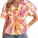Cicy Bell Summer Babydoll Peplum Tops V Neck Puff Sleeve Bow Floral Shirts (L)