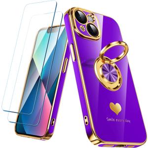 Compatible for iPhone 13 Case with 2 Pack Screen Protector, 360 Rotatable Ring Holder [Luxury Hearts Pattern] Plating Gold Edge Slim Soft Phone Cover Case for iPhone 13 - Neon Purple