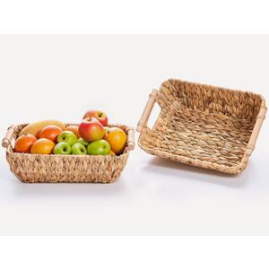 Storage Basket Hand-Woven Large Storage Baskets with Wooden Handles, Water Hyacinth Wicker Baskets for Organizing, 2-Pack