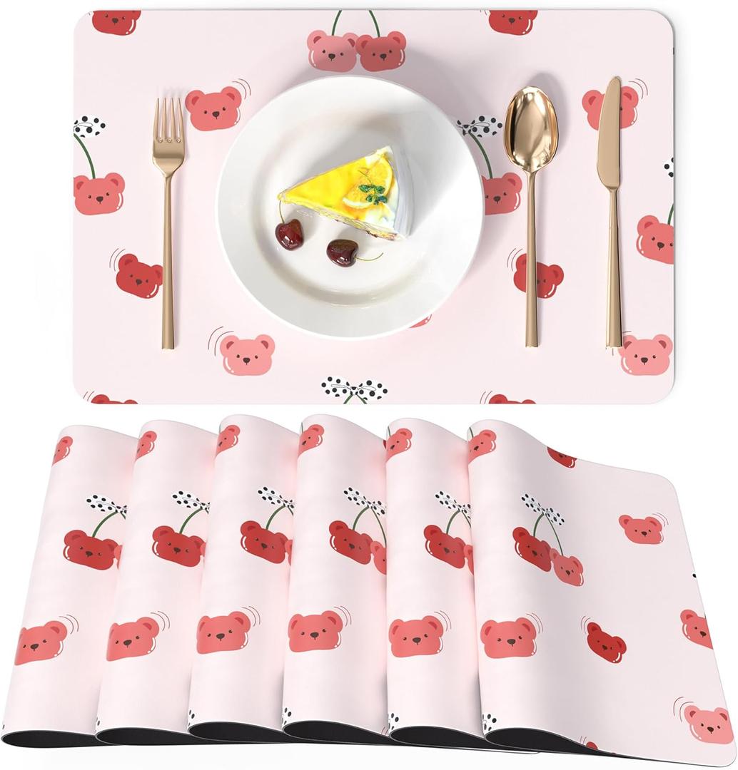 LilyCat Faux Leather Placemats Set of 6, Waterproof Oil-Proof Dining Table Mats for Kitchen, Indoor & Outdoor Heat Resistant Wipeable PU Place Mats, 18 12, Cherries and Bears
