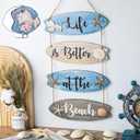 Wooden Surfboard Beach Decor Sign Beach Bathroom Decor Sign Summer Blue Nautical Coastal Wall Art with Seashells Starfish Rope Hanger Ocean Theme Hanging Ornament for Living Room Bedroom