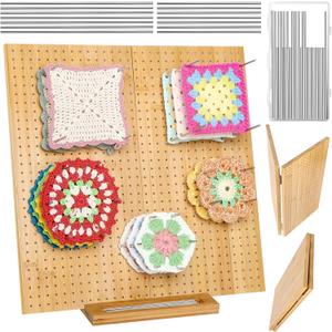 15.4" Foldable Crochet Blocking Board, Upgrade Large Blocking Board Crocheting with 30 Pcs Pins, Granny Square Blocking Boards Crochet Projects, Wooden Knitting Blocking Board for Blocking Crochet