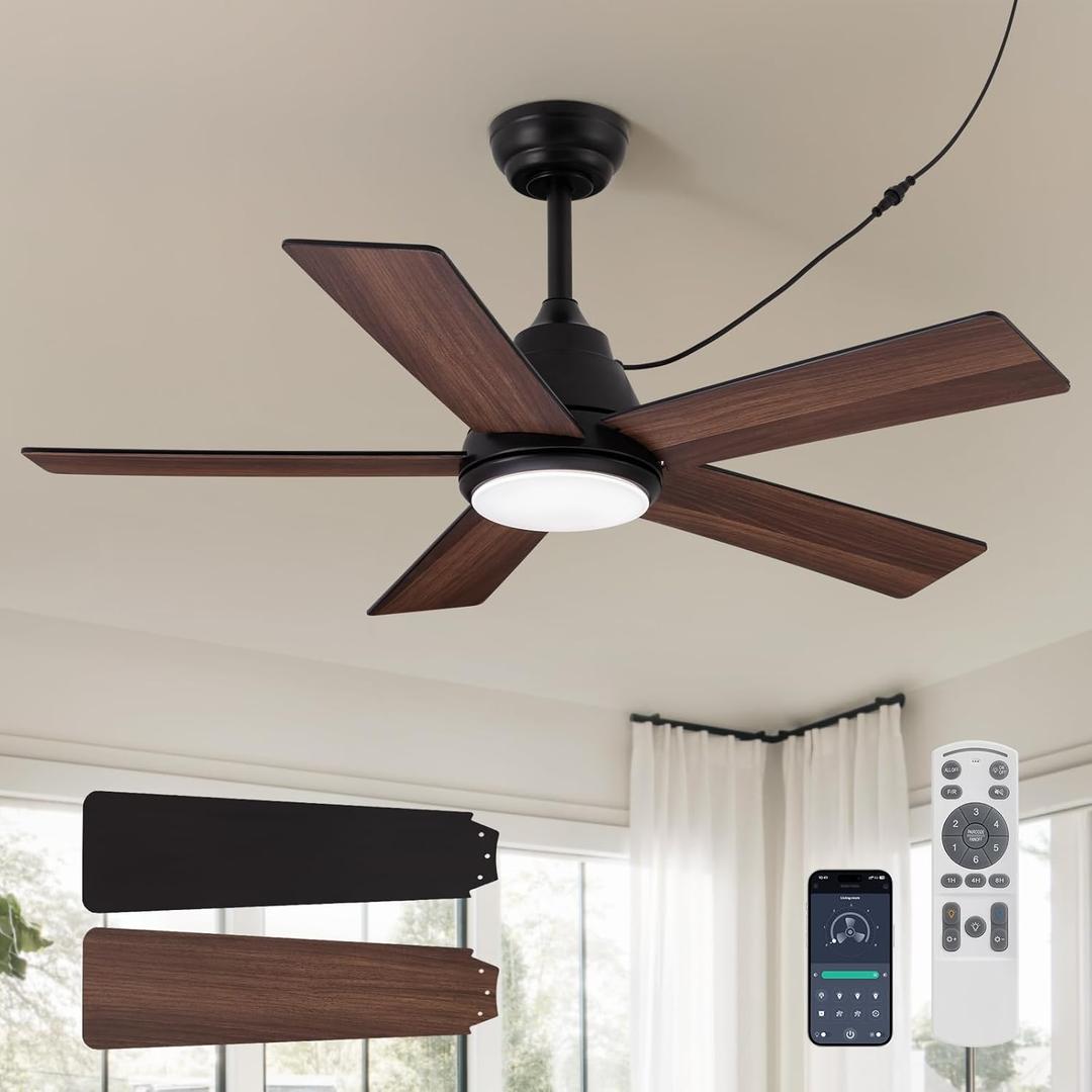 42 Inch Ceiling Fan with Light, Black Ceiling Fans with Lights and Remote/APP, 3CCT, Noiseless DC Motor, Waterproof Plug in Ceiling Fan for Bedroom, Living Room, Patio, Indoor/Outdoor Use
