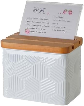 HOME PALETTE Recipe Box with Cards and Dividers Set 4x6 Recipe Holder for Kitchen Counter Metal White Hexagon Stripe Pattern Embossed Recipe Card Box with Wooden Grooved Lid