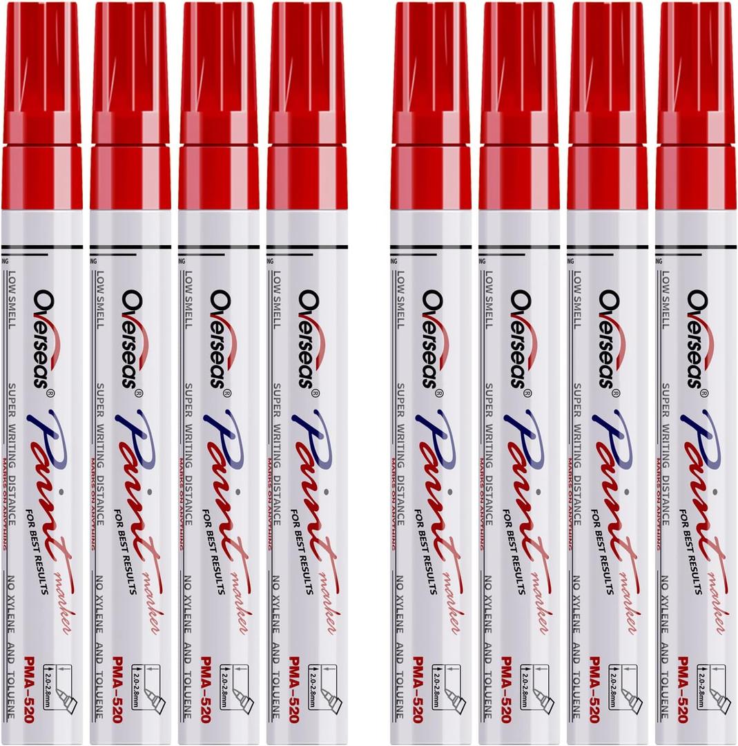 Overseas Paint Pens Paint Markers - Red Permanent Markers 8 Pack, Oil Based Waterproof Quick Dry Medium Tip Marker Pen for Metal, Wood, Fabric, Plastic, Rock, Stone, Mugs, Canvas, Glass, Art Craft