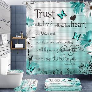 ALEXEX 4 PCS Blue Verse Shower Curtain Sets,Inspirational Quotes Bathroom Set with Shower Curtain and Rugs and Accessories,Butterfly Daisy Shower Curtain Bathroom Decor with 12 Hooks 72 X 72 in