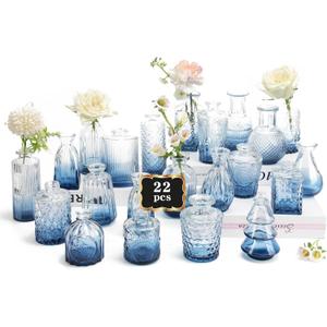 RUCKACE Bud Vases in Bulk 22 Blue Glass Small Vases Flower Vase Bulk for Centerpiece Table Wedding Decorations Home Decor Party(Gradient Blue 22 Pack)