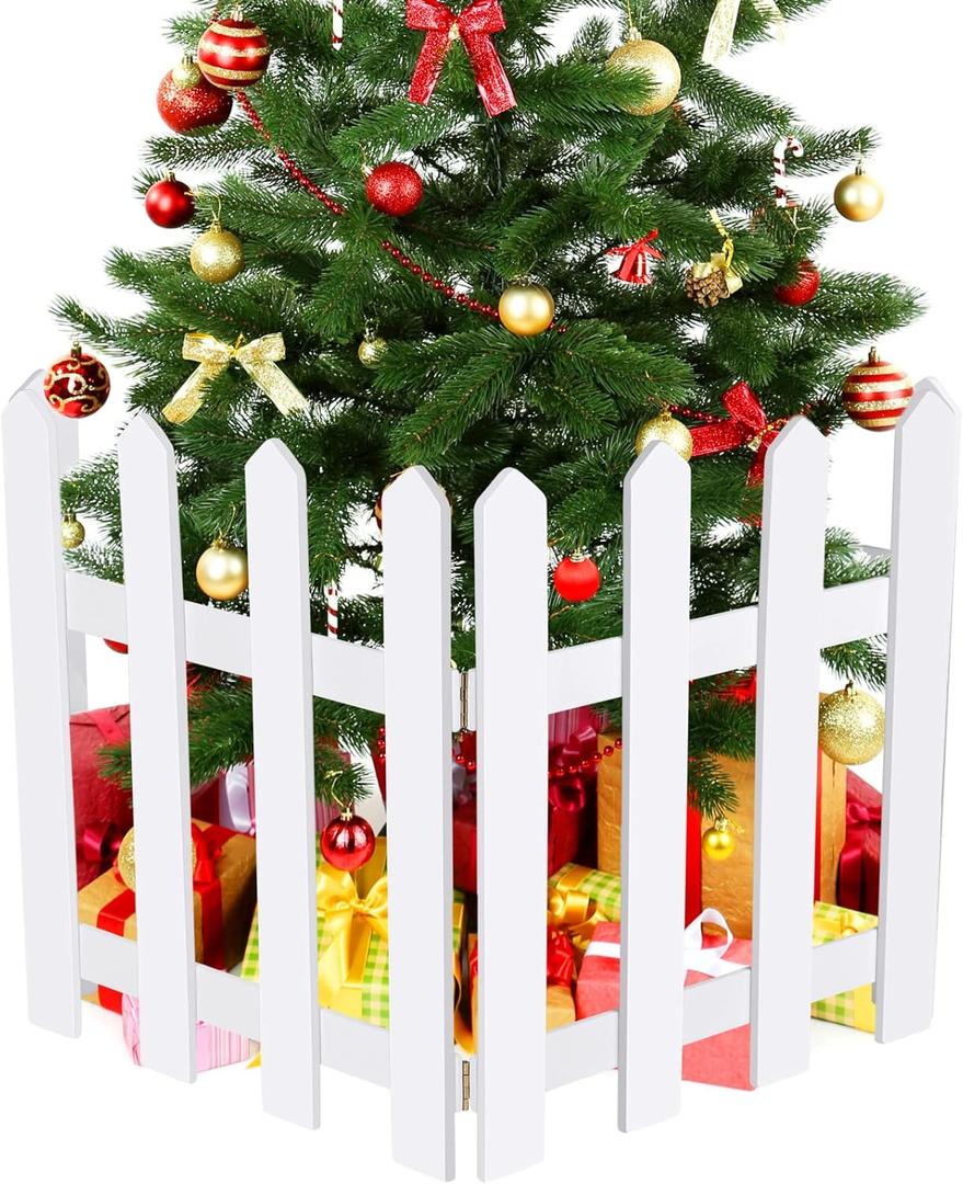 RUODON 4 Pack Thick Christmas Tree Fences White Wooden Picket Fences Tree Fence Border Decoration for Xmas Wedding Party Decor Garden Home, 15.7 x 12 Inches