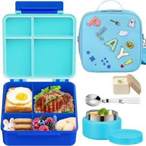 Kids Bento Lunch Box with 9oz Soup Thermo, Kids Leakproof Lunch Food Containers with 4 Compartment, Insulated Lunch Bag for Girls Boys to School Travel (Play-Blue)