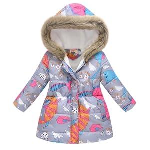 UWBACK Winter Coat For Girls Hooded Floral Print Kids Warm Cotton Parka Grey Animals 130