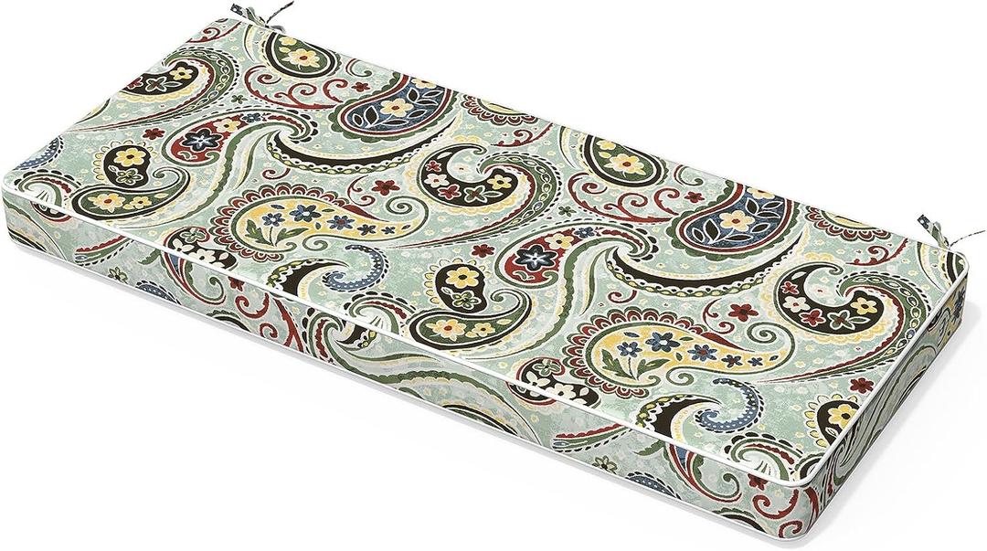 Outdoor Bench Cushion 42 x 18 Inch with Ties, Fade Resistant & Waterproof Patio Furniture Decorative Cushions Settee Couch for Chair Garden Sofa, Paisley Lightcyan, W42"xD18"